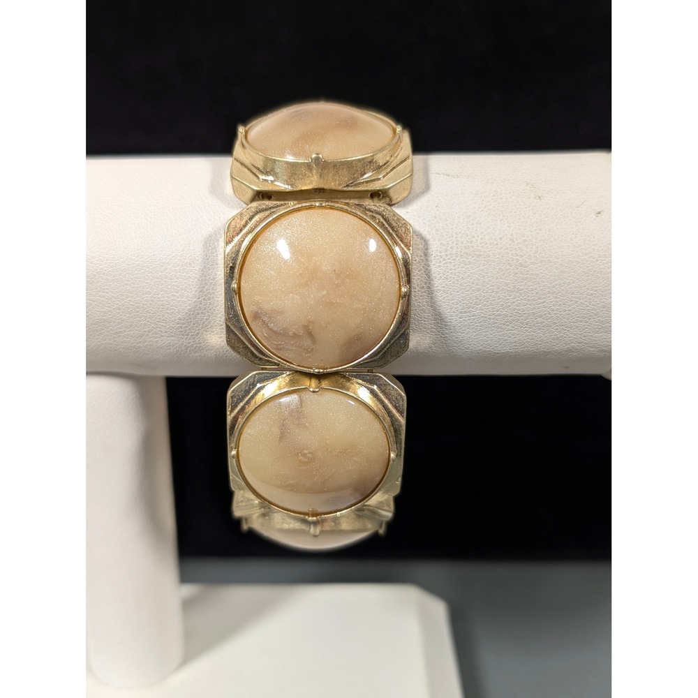 Gold Tone Cream Marble Acrylic Cabochon Link Bracelet Retro Statement 7"